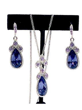 Givenchy Silver Tone Amethyst-Color Crystal Drop Necklace and Dangle Earrings